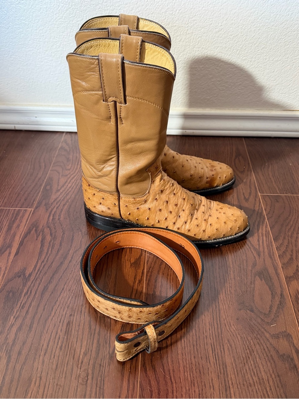 Justin Ladies Full Quill Ostrich Cowboy Roper Tan Boots & Belt #L3721  Sz 6.5B
